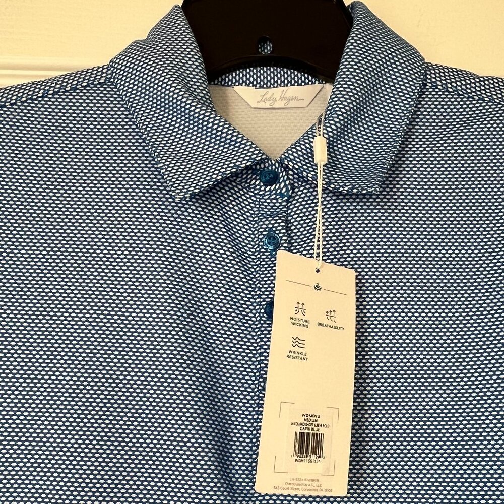 New Women's Lady Hagen Jacquard Short Sleeve Polo Blue Size M